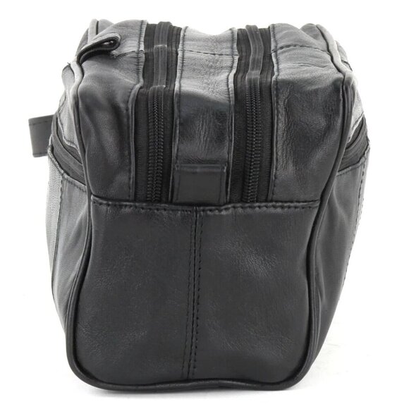 Men's Genuine Leather Double Zipper Top Shaving Kit Toiletry Travel Case Black - Picture 2 of 6
